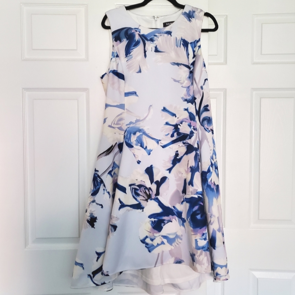 DKNY Blue Floral Sleeveless Scuba High-Low Dress